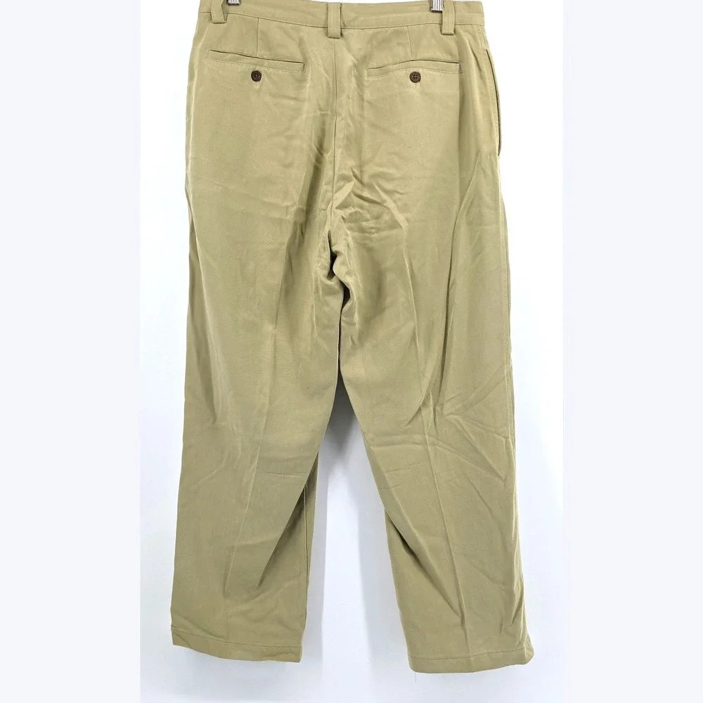 Tommy Bahama 100% Silk Pleated Pants Mens 34 Tan Khaki Tropical Resort Trousers